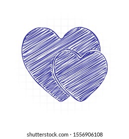 2 hearts. Simple icon. Hand drawn sketched picture with scribble fill. Blue ink. Doodle on white background