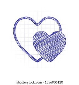 2 hearts. Simple icon. Hand drawn sketched picture with scribble fill. Blue ink. Doodle on white background