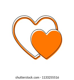2 hearts. Simple icon. Isolated icon consisting of black thin contour and orange moved filling on different layers. White background