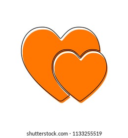 2 hearts. Simple icon. Isolated icon consisting of black thin contour and orange moved filling on different layers. White background