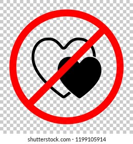 2 hearts. Simple icon. Not allowed, black object in red warning sign with transparent background