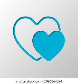 2 hearts. Simple icon. Paper design. Cutted symbol with shadow