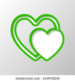 2 hearts. Simple icon. Paper style. Cut symbol with green bold contour on shape and simple shadow