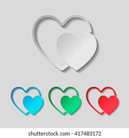 2 hearts. Simple icon. Paper style. ?olored set