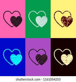 2 hearts. Simple icon. Pop art style. Scratched icons on 6 colour backgrounds. Seamless pattern