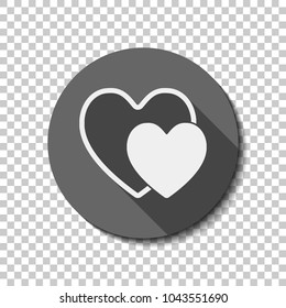 2 hearts. Simple icon. White flat icon with long shadow in circle on transparent background