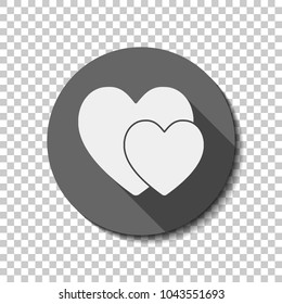 2 hearts. Simple icon. White flat icon with long shadow in circle on transparent background