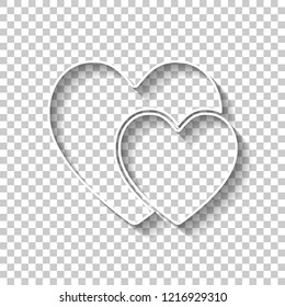 2 hearts. Simple icon. White outline sign with shadow on transparent background