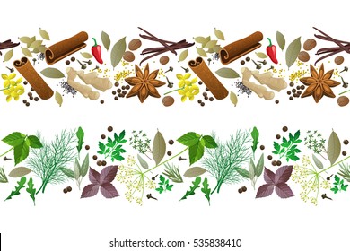 2 herbs and spices seamless borders on white background