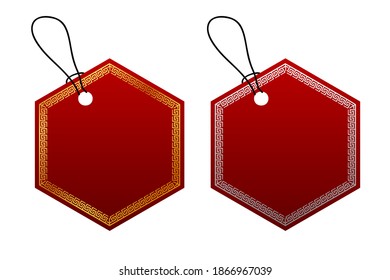 2 Hexagon Vector Red Gradient Tag, White and Golden China Style Border With Black Rope, Isolated on White
