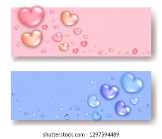 2 horizontal banners modern trendy flyer concept with pink love heart party balloons, text copy space on marble background,mockup banner design.Abstract cover,web online page,poster,brochure template