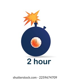 2 hours clock bomb. Poster or banner for website. Time management and deadline setting. Organization of effective workflow, planning and timer. Cartoon flat vector illustration