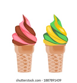 2 ice cream cones , With chocolate flavor, coffee flavor, green tea flavor and strawberry flavor.Vector illustration isolated on white background.