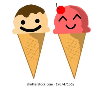 2 ice creams with smiling eyes, one cream with a chocolate glaze, another pink with cherries on top