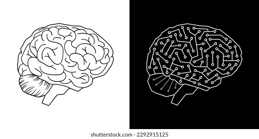 2 íconos: un cerebro humano con contornos negros y un cerebro formado por un microprocesador para simbolizar la inteligencia artificial (IA) con contornos blancos sobre un fondo negro.