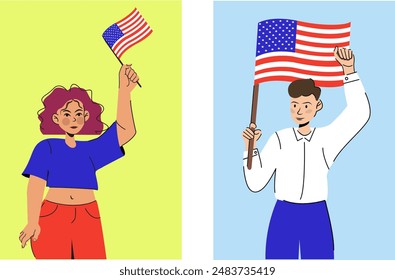 2 Illustrationen von Menschen, die amerikanische Flaggen schwenken und den 4. Juli feiern