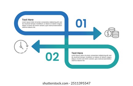 2 opciones importantes entre el dinero y el tiempo en la gestión de un negocio. Plantilla de diseño de flecha de infografía. Presentación de negocios, Planificación, Estrategia y Equilibrio. Ilustración vectorial.