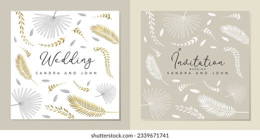 2 tarjetas de invitación para una boda, elegante, gráfica sobre el tema de la naturaleza, compuesta de hojas tropicales, color beige, oro y blanco.