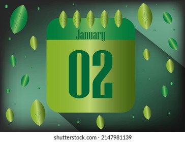 2 January. calendar icon for day of month and year with green leaves