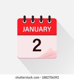 2 January. Calendar icon with shadow. Day, month. Flat vector illustration.