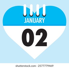 2 January calendar icon sky blue heart shape on light sky blue color background, calendar vector symbol for the month of January.