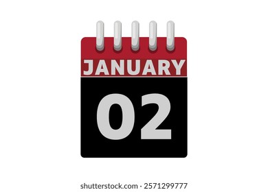 2 January calendar icon text page monthly web design on red, black and white background vector, icon, or illustration with the month of January 2