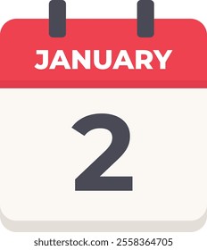 2 January Daily Calendar Icon in flat design style red and white
