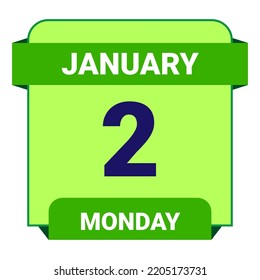 2 January, Monday. Date template. Useful design for calendar or event promotion. Vector illustration EPS 10 File. Isolated on white background.