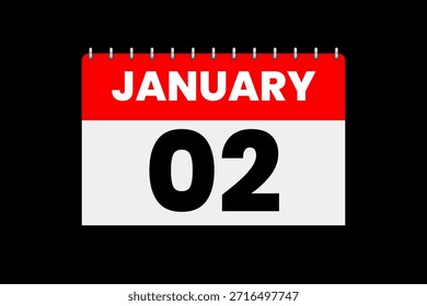 Vector de un solo día del mes de enero 2, ilustración, calendario con el icono rojo, blanco y negro del calendario del fondo del color del 2 de enero