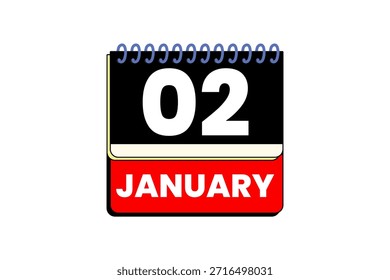 2 January month single day vector, illustration, calendar with red, black, yellow and white color background calendar icon of January 2