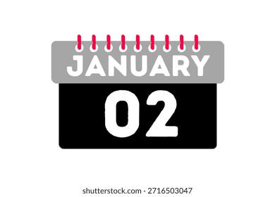 2 mês de janeiro vetor dia único, ilustração, calendário com vermelho, preto e branco ícone de calendário de fundo de cor de 2 de janeiro