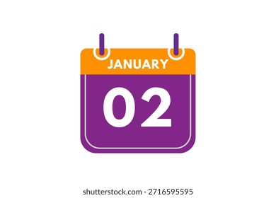 2 enero mes Vector de un solo día, ilustración, calendario con naranja, púrpura, ceniza y fondo de color blanco icono de calendario de 2 de enero