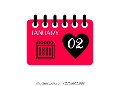 2 mês de janeiro vetor dia único, ilustração, calendário com vermelho, preto e branco ícone de calendário de fundo de cor de 2 de janeiro