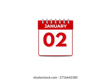 2 mês de janeiro vetor dia único, ilustração, calendário com preto e branco ícone de calendário de fundo de cor de 2 de janeiro
