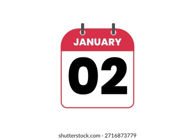 2 mês de janeiro vetor dia único, ilustração, calendário com vermelho, preto e branco ícone de calendário de fundo de cor de 2 de janeiro