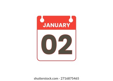 2 mês de janeiro vetor dia único, ilustração, calendário com vermelho, preto e branco ícone de calendário de fundo de cor de 2 de janeiro