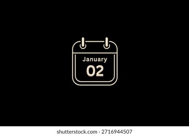 Vector de un solo día del mes de enero 2, ilustración, calendario con el icono de calendario de marco de fondo dorado y blanco del 2 de enero