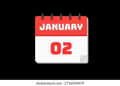 Vector de un solo día del mes de enero 2, ilustración, calendario con rojo, blanco y blanco de fondo marco de color icono de calendario del 2 de enero