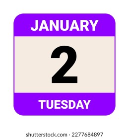 2 de enero, martes. Plantilla de fecha. Diseño útil para la promoción de calendarios o eventos. Ilustración vectorial Archivo EPS 10. Aislado sobre fondo blanco. 