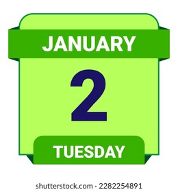 2 de enero, martes. Plantilla de fecha. Diseño útil para la promoción de calendarios o eventos. Ilustración vectorial Archivo EPS 10. Aislado sobre fondo blanco. 