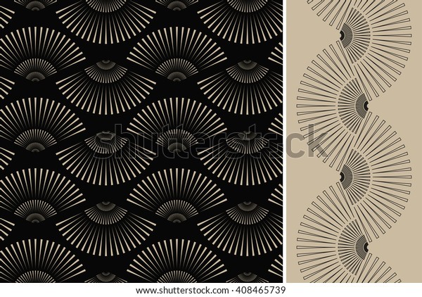 2 japanese style fan shape seamless patterns in\
black and ivory