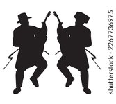 2 Jewish followers dancing and playing the guitar.
Flat vector silhouettes. Black on a white background.
The figures are dressed in long coats and sashes fluttering to the sides as they move. 