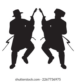2 Jewish followers dancing and playing the guitar.
Flat vector silhouettes. Black on a white background.
The figures are dressed in long coats and sashes fluttering to the sides as they move.  svg