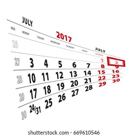 2 July highlighted on calendar 2017. Week starts from Monday. Vector Illustration.
