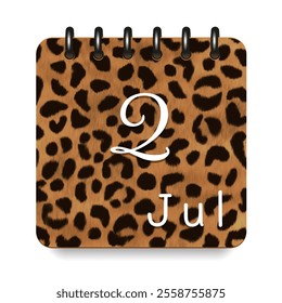 2 July. Leopard print calendar daily icon. White letters. Date day week Sunday, Monday, Tuesday, Wednesday, Thursday, Friday, Saturday.