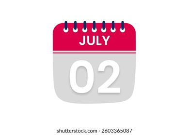 2 July month single day vector, illustration, calendar with red, off white and white color background calendar July 2