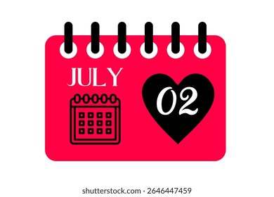 Vector de un solo día del mes de julio, ilustración, calendario con el icono rojo, negro y blanco del calendario del fondo del color del 2 de julio