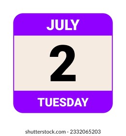 2 July, Tuesday. Date template. Useful design for calendar or event promotion. Vector illustration EPS 10 File. Isolated on white background. 