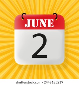 2 June. Calendar 2024. 3d illustration. Pop art style. Vector line icon for Business and Advertising