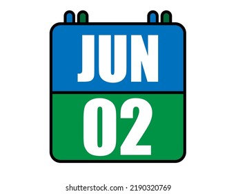 2 June calendar. Blue and green calendar page for June days. Vector isolated on white background.